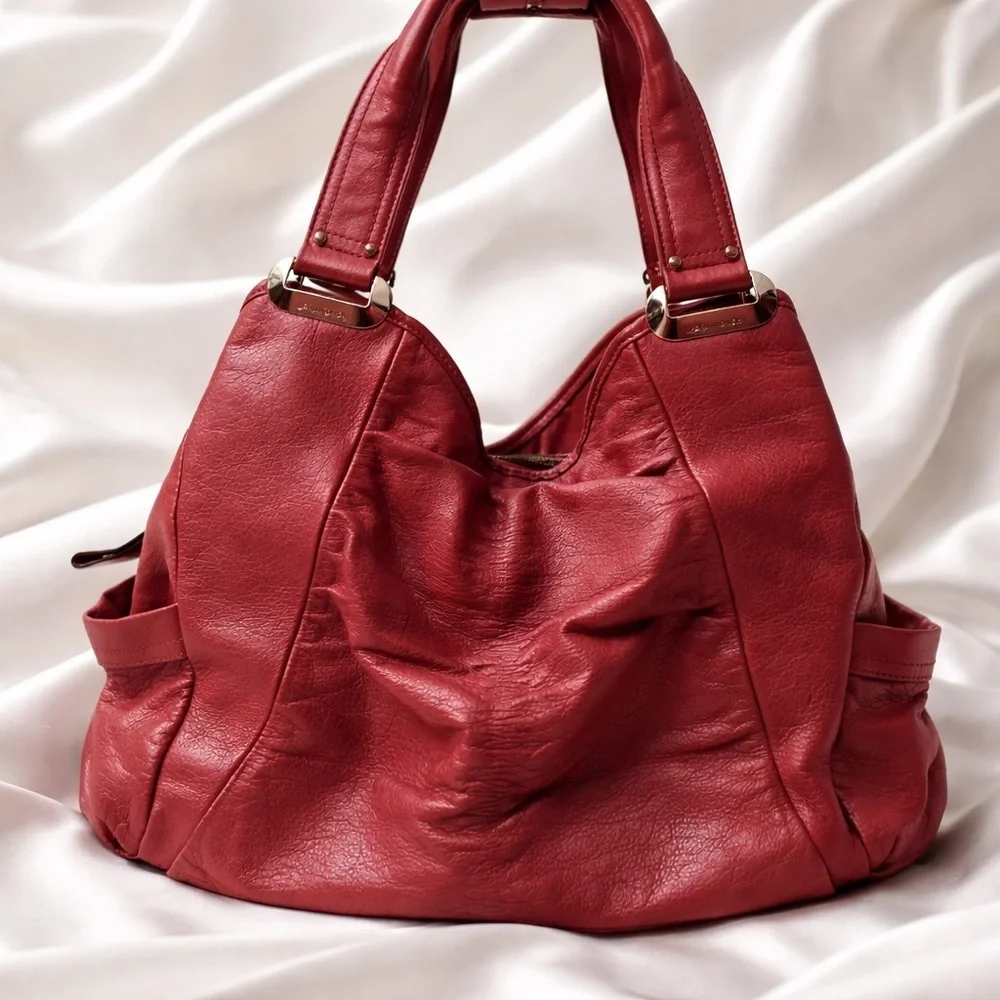 B Makowsky Red Pebbled Leather Hobo Shoulder Bag Large